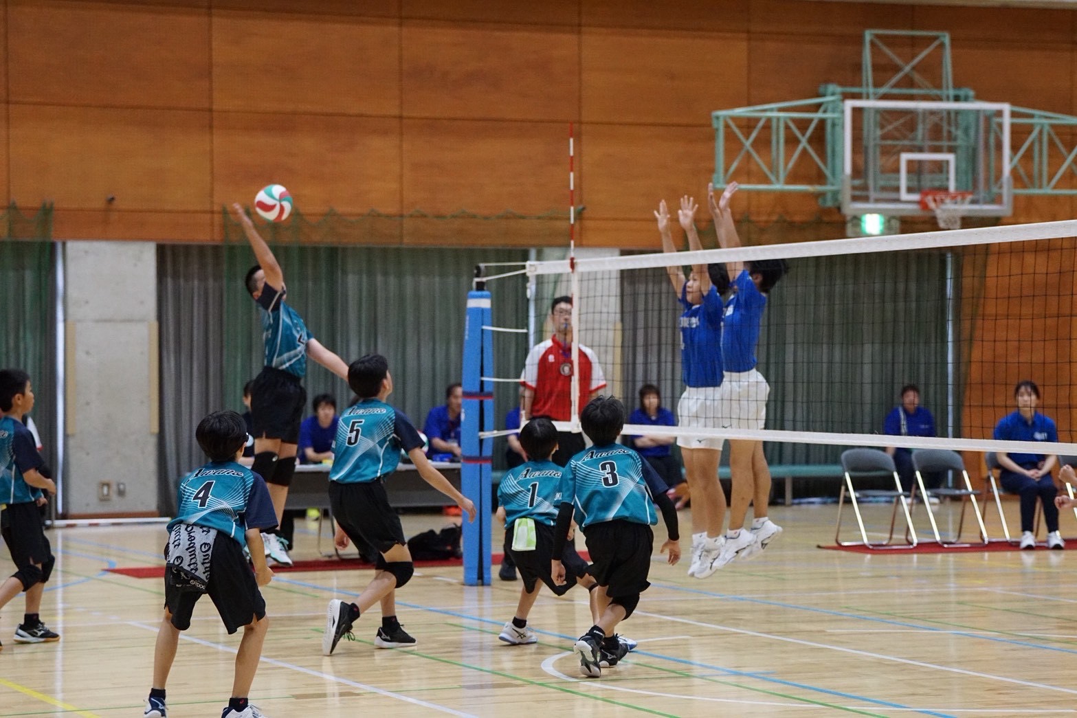 第39回北信越小学生大会で相手ブロックに向かって攻撃する粟野男子チーム